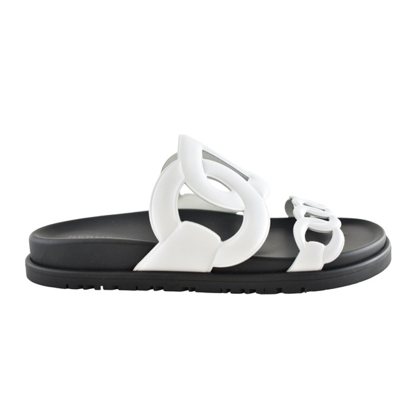 Hermes Extra Sandals White Black Chaine d'Ancre Leather Logo Slide Mule Flat 37 - Picture 1 of 12